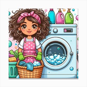 Cartoon Girl Cleaning The Washing Machine Canvas Print