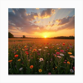 A Picturesque View Of A Field Of Colorful Wildflowers Under A Sunset Sky 4 Canvas Print