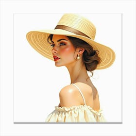 Elegant French Lady With A Sun Hat In Watercolor, Light And Airy Mood 1 Canvas Print