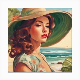 Seaside Beach Beauty in Hat Canvas Print