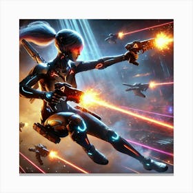 A Sci Fi Action Scene Showcasing Lyra Valen Dual Pistols Specialist Canvas Print