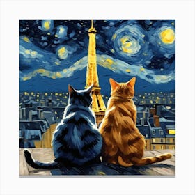 Eiffel Tower Paris Starry Night with cats Canvas Print