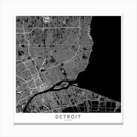 Detroit Black And White Map Square Canvas Print