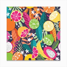 Tropical Fruits Pattern On Deep Purple With Floral Decoration Square Canvas Print