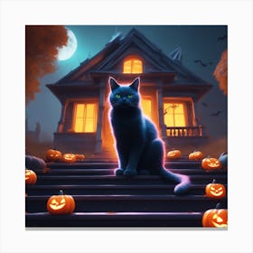 Halloween Cat In Front Of House 16 Canvas Print