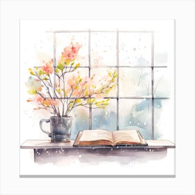 Watercolor Window Sill With Book And Flowers Canvas Print