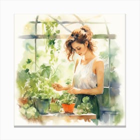 Watercolor Of A Girl In A Greenhouse Canvas Print