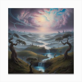 A Dreamlike Scenery Of Surreal Landscapes, Where Rolling Hills And Twisted Trees Stretch Towards A Sky With Swirling Clouds Of Iridescent Blues And Purples, Like A Dalíesque Painting Come To Life 2 Canvas Print