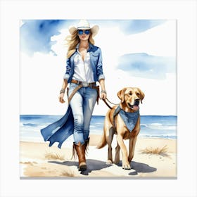 Coastal Cowgirl on Beach with Dog 1 Canvas Print