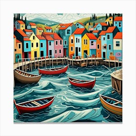 Fishing Village With Swirling Water Cubism Style Canvas Print