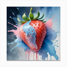 A Single, Large Strawberry With Pink And Blue Sauce Dripping Down The Sides, Set Against A Background Of Colorful Watercolor Splashes Canvas Print