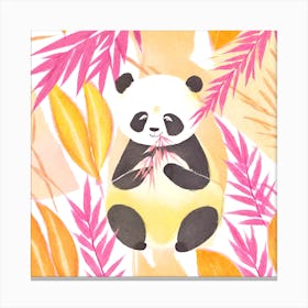 Cute Panda Bear in Pink Yellow Leaves Canvas Print