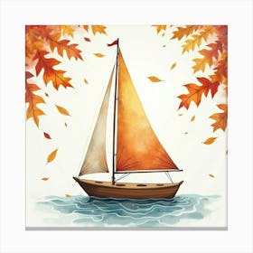 Charming Sailboat Amidst Watercolor Autumn Leaves 1 Canvas Print