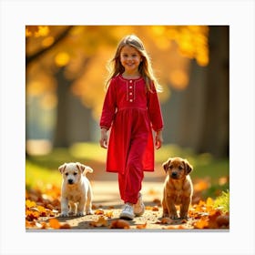 Little Girl With Dogs In Autumn Canvas Print