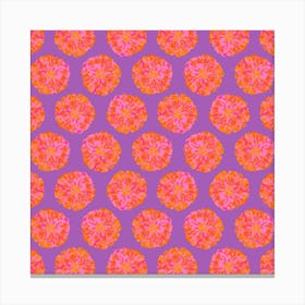 CHRYSANTHEMUMS Multi Abstract Polka Dot Floral Summer Bright Flowers in Fuchsia Pink Orange Yellow on Violet Purple Canvas Print