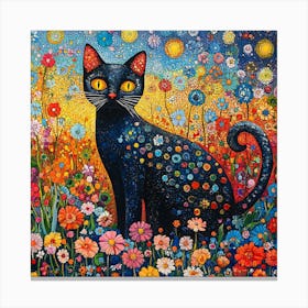 Black Cat In A Flower Field 3 Canvas Print