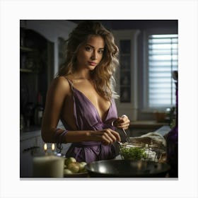 Beautiful Woman In Kitchen Canvas Print