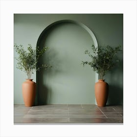 Two Vases In Front Of A Green Wall Canvas Print