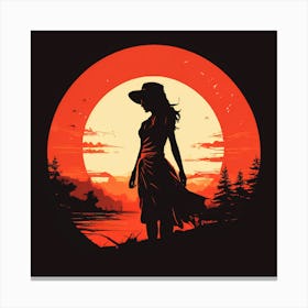 Silhouette Of A Woman At Sunset, Simple Silhouette Canvas Print