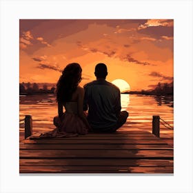 Couple Sitting On A Dock At Sunset Canvas Print