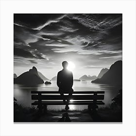 Photo Of A Black And White Picture Of A Person Facing The Sunset From A Bench Canvas Print