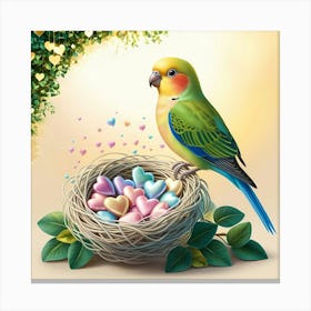 Bird In Nest With Hearts Canvas Print