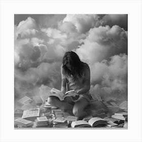 Girl Reading Books In The Clouds Canvas Print