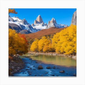 A Flowing Creek And Autumn Leaves Frame The Majestic Mount On A Beautiful Day Canvas Print