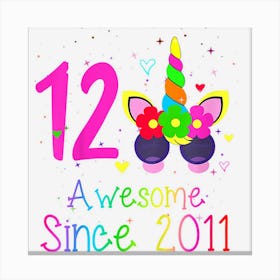 Kids 12 Years Old Gifts Awesome 2011 12th Birthday Unicorn Face Canvas Print