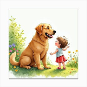 A Golden Retriever And A Child Enjoying A Summer Day In The Garden, Watercolor Canvas Print