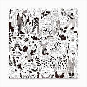 Doodle Black And White Square Canvas Print