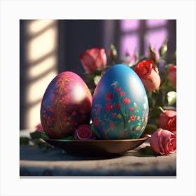 Blue and Pink Painted Eggs with Roses Canvas Print