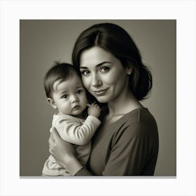 Black And White Portrait Of A Woman Holding A Baby Canvas Print