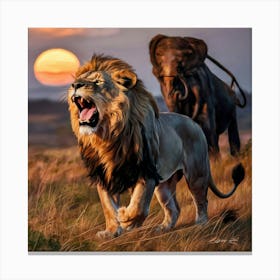 Lion And Elephant Canvas Print