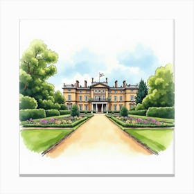 Watercolor Scene Of The Chiswick House In London, Featuring Its Grand Design And Scenic Gardens Canvas Print