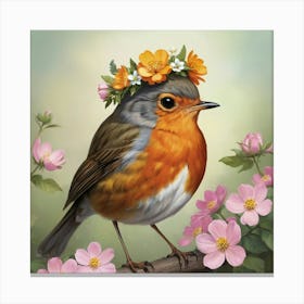 Bird With A Flower Crown European Robin Art Print 3 Canvas Print