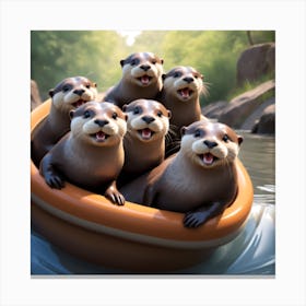 A Group Of Playful Otters Joyfully Slides Down The Embankment Their Gleeful Expressions Capturing The Essence Of Canvas Print