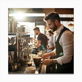 Barista Swiftly Spinning Pouring Water Into A Gleaming Espresso Machine Amidst Morning Rush In Bu (1) Canvas Print