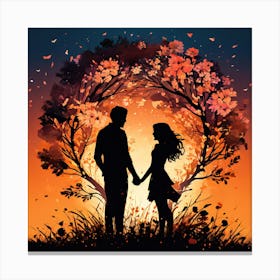 Couple Holding Hands At Sunset, Silhouettes Of Two People Hugging Surrounded By Elements Of Nature Flowers Trees Growing Canvas Print