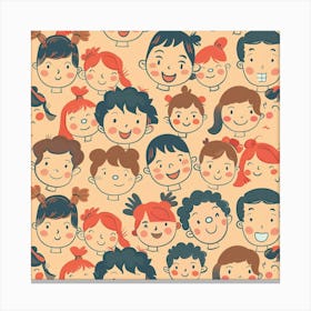 Seamless Pattern Of Adorable Cartoon Kid Faces Canvas Print