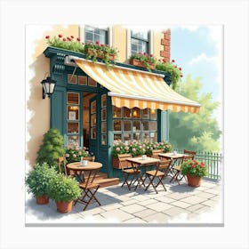 A Charming English Café With Outdoor Seating And Flowering Plants, Watercolor Style 1 Canvas Print