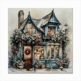 Cozy Winter Cottage with Blooming Florals: A Winter Wonderland Haven Canvas Print