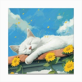 White Cat Sleeping On A Roof 1 Canvas Print