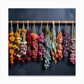Dried Flowers Hanging On A Wooden Rod Canvas Print