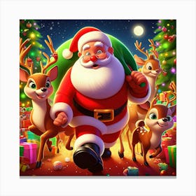 Santa Claus And 2 Reindeer Illustration Canvas Print