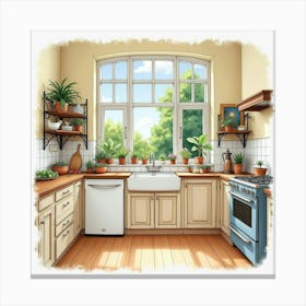 An English Home Kitchen With A Window View Of The Garden, Illustrated In Watercolor 1 Canvas Print