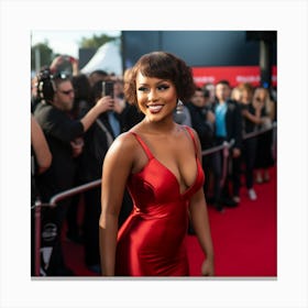 A Black Woman Voluptuous Sexy Wearing Red Latex Dress Long Looking Over Shoulder on the Red Carpet - Created by Midjourney Canvas Print