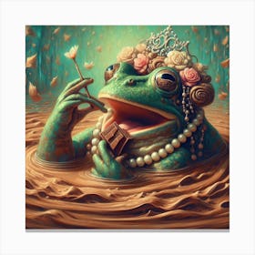 A Soft and Surreal Painting of a Frog with Pearl Earrings and a Flower Crown, Sitting on a Leaf in a Chocolate Lake Canvas Print