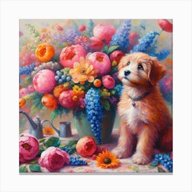 Puppy With Flowers Canvas Print