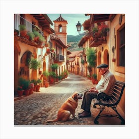 Old Man And Dog In Old Town Canvas Print